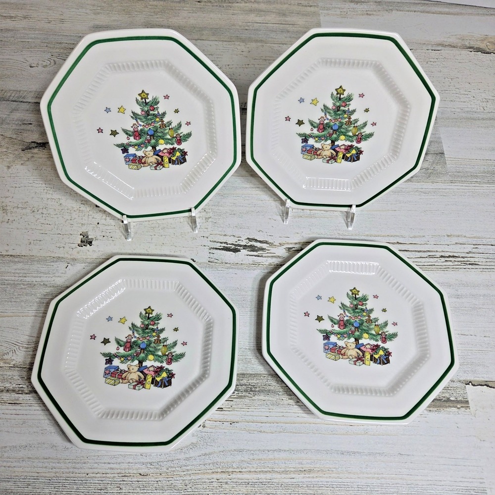 Vtg Nikko Christmastime Octagonal 6.5" Bread Plates Set of4 Christmas Tree Japan